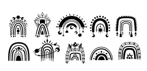 Wall Mural - mystical boho rainbow isolated cliparts bundle, black and white rainbow celestial collection, magic 