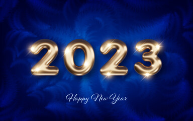 Wall Mural - 2023 New Year card template with golden 3d numbers on background of dark blue frozen window