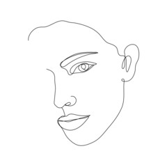 Wall Mural - Vector hand drawn linear art, woman face, continuous line, fashion concept, feminine beauty minimalist. Print, illustration for t-shirt, design, logo for cosmetics, etc