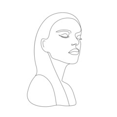 Wall Mural - Vector hand drawn linear art, woman face, continuous line, fashion concept, feminine beauty minimalist. Print, illustration for t-shirt, design, logo for cosmetics, etc