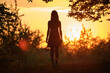 © bilanol - Back view of young woman in summer dress walking alone through evening dark forest