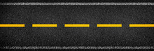Top View Of Asphalt Road With Lanes And Limits Sign Concept. Long Black Asphalt Texture Background.