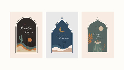 Wall Mural - Ramadan Kareem greeting card illustration design vector template. Set of Ramadan Mubarak modern cards with retro boho style design, islamic frame, crescent, mosque, moon and desert.