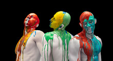 Colorful Collage. Three Male Silhouette Of Body And Face Covered With Multicolored Paints Isolated Over Black Background.