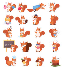 Cute Little Squirrel In Different Poses Cartoon Illustration Set. Funny Rodent With Furry Tail Reading Book, Hugging Acorn, Sleeping On Tree, Celebrating. Wildlife Animal, Forest Concept