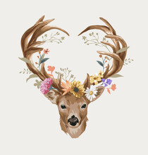 Deer Head Antlers Heart Shape Decorated With Flowers Vector Illustration 