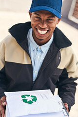 Poster - We offer you the fastest courier services around. Portrait of a courier making a delivery.
