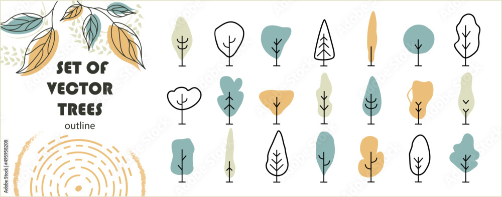 Set of vector trees. Entourage design. Various trees, bushes, and ...