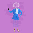 © master1305 - Contemporay art collage. Female businesswoman silhouette with phone and digital brain scheme isolated over purple background