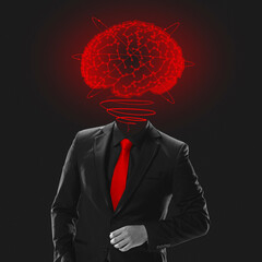 Contemporary art collage. Silhouette of businessman in stylish suit with digital brain scheme isolated over black background