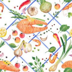  Watercolor illustration of the Mediterranean diet. Seamless pattern on a white background. Set of vegetables: tomatoes, salmon, shrimp, garlic, asparagus, hot pepper, ginger. Fresh organic food.
