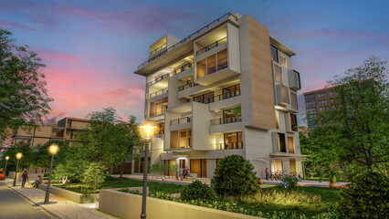 Fototapete - Modern new apartment block in the evening