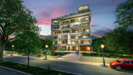 Fototapete - Modern new apartment block in the evening