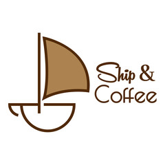 Wall Mural - Coffee Shop. Beach bar. Logotipo con texto Ship & Coffee con silueta de barco de vela en taza de café con líneas en color marrón