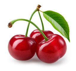 Wall Mural - Cherry isolated. Cherries with leaf on white background. Three sour cherri on white. Cherry leaf. With clipping path. Full depth of field.