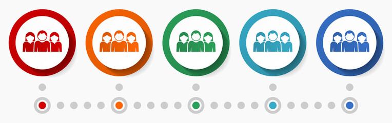 Poster - People, group, tean concept vector icon set, flat design colorful buttons, infographic template in 5 color options