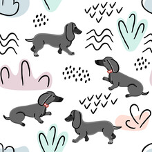 Seamless Pattern With Dachshund Dogs In Cartoon And Abstract Shapes.Childish Background And Texture With Animal Characters For Printing On Fabrics And Paper.Hand Drawn Vector Isolated Illustration.