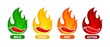Hot spicy level labels. Pepper chili, cayenne or jalapeno vector labels with fire flames of red, green, orange and yellow colors. Extra, spicy, hot and mild strength savory food isolated icons