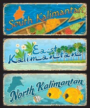 South, East And North Kalimantan Indonesian Travel Plates And Stickers. Indonesia Journey Grungy Postcards, Asia Travel Vector Tin Signs With Beach Landscape, Tropical Fruits On Boats And Fishes