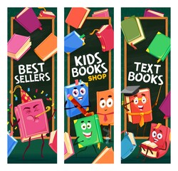 Wall Mural - Bestsellers, kids books and textbooks personages, vector education, school library and literature themes. Cute book cartoon characters with happy smiling faces on covers, pencil and graduation cap