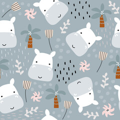 Wall Mural - Seamless pattern with cute hippo and tropical plants. Childish print. Vector hand drawn illustration.