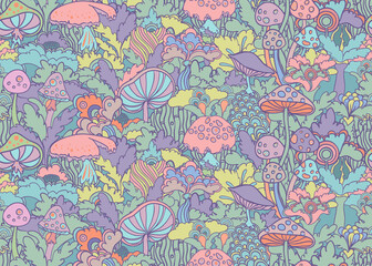 Colorful flowers and mushrooms seamless pattern, retro 60s, 70s hippie style background. Vintage psychedelic textile, fabric, wrapping, wallpaper. Vector repeating magic floral illustration.