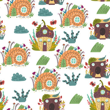 Pattern forest magic dwarf houses. Building doodle hand drawn flat cartoon background nursery vector digital paper textile fabric wallpaper