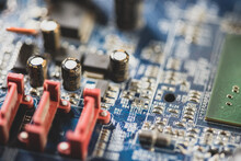 Computer Electronics Manufacturing Industry, Motherboard Complex Circuitry, Generic Circuit Board Electrical Parts Components Macro, Object Detail, Extreme Closeup, Shallow Dof, Nobody, Technology