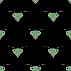 Seamless animal pattern with heads of a green praying mantis insect. Tenodera sinensis. On black background.