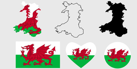 Wall Mural - wales map flag icon set