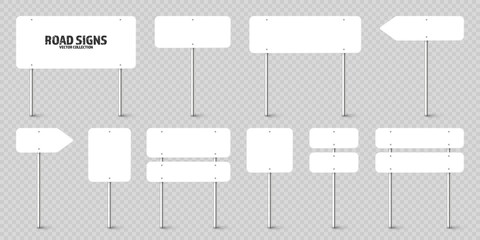 Wall Mural - various road, traffic signs. highway signboard on a chrome metal pole. blank white board with place 