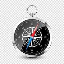 Realistic Silver Vintage Compass With Marine Wind Rose And Cardinal Directions Of North, East, South, West. Shiny Metal Navigational Compass. Cartography And Navigation. Vector Illustration.
