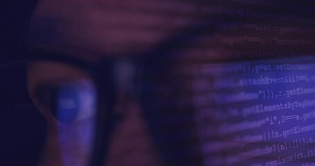 4K video super close up eye ball with eyeglasses overlay with coding screen. Background concept for programming and coding computing.