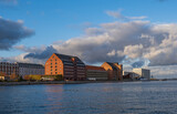 Copenhagen, Denmark - November.2021: Cultural centre North Atlantic House and buildings on the Kroyers Plads or Larsens Plads on harbour of Copenhagen canal, Denmark