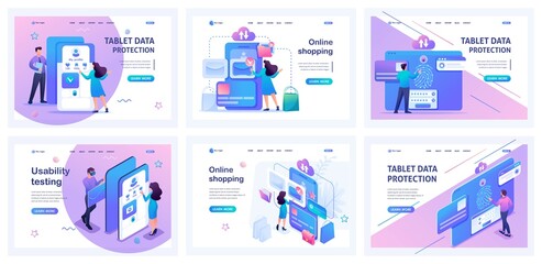 Wall Mural - set of landing pages for testing different mobile applications. isometric 3d and 2d illustrations