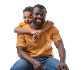 Wall Mural - Portrait of African-American man with his little son on white background