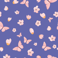 Wall Mural - Seamless pattern with pink flowers and butterflies