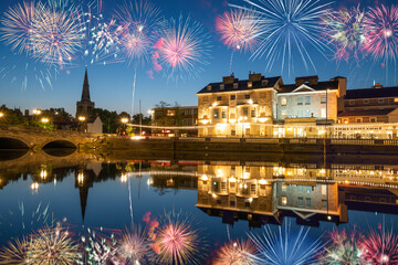 Poster - Fireworks display at Bedford riverside on the Great Ouse River. England