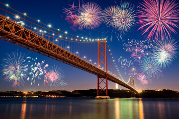 Fireworks celebration near The 25 de Abril bridge in Lisbon. Portugal