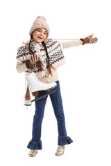 Poster - Funny little girl with ice skates on white background