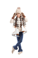 Wall Mural - Funny little girl with ice skates on white background