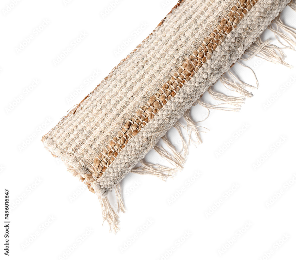 Roll of striped carpet on white background, closeup