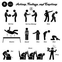 Stick Figure Human People Man Action, Feelings, And Emotions Icons Starting With Alphabet B. Borrow, Borrow Money, Boss, Bounce, Bound, Bow, Box, Brace, And Brag.