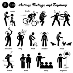 Stick figure human people man action, feelings, and emotions icons starting with alphabet B. Braid, brake, brawl, brandish, bray, break, breathe, breed, breeze, bribe, brief, and brighten.