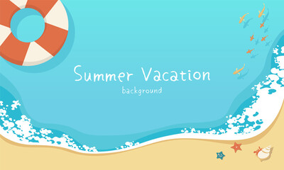 Top view illustration of sea waves and sandy beach. Summer vacation concept banner background with copy space.	