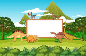 Poster - Scene with dinosaurs and whiteboard in the forest