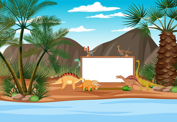 Wall Mural - Scene with dinosaurs and whiteboard in the forest