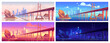 Lake landscape with bridge and city on skyline at different time of day. Vector cartoon illustrations of river, island with town, and overpass highway in early morning, noon, sunset, and night