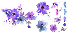 Watercolor Purple Flowers. Elements For Design Of Greeting Cards, Invitations. Vector Illustration