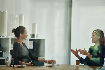 Time for one last meeting.... Shot of a pregnant businesswoman and a colleague talking together in an office.